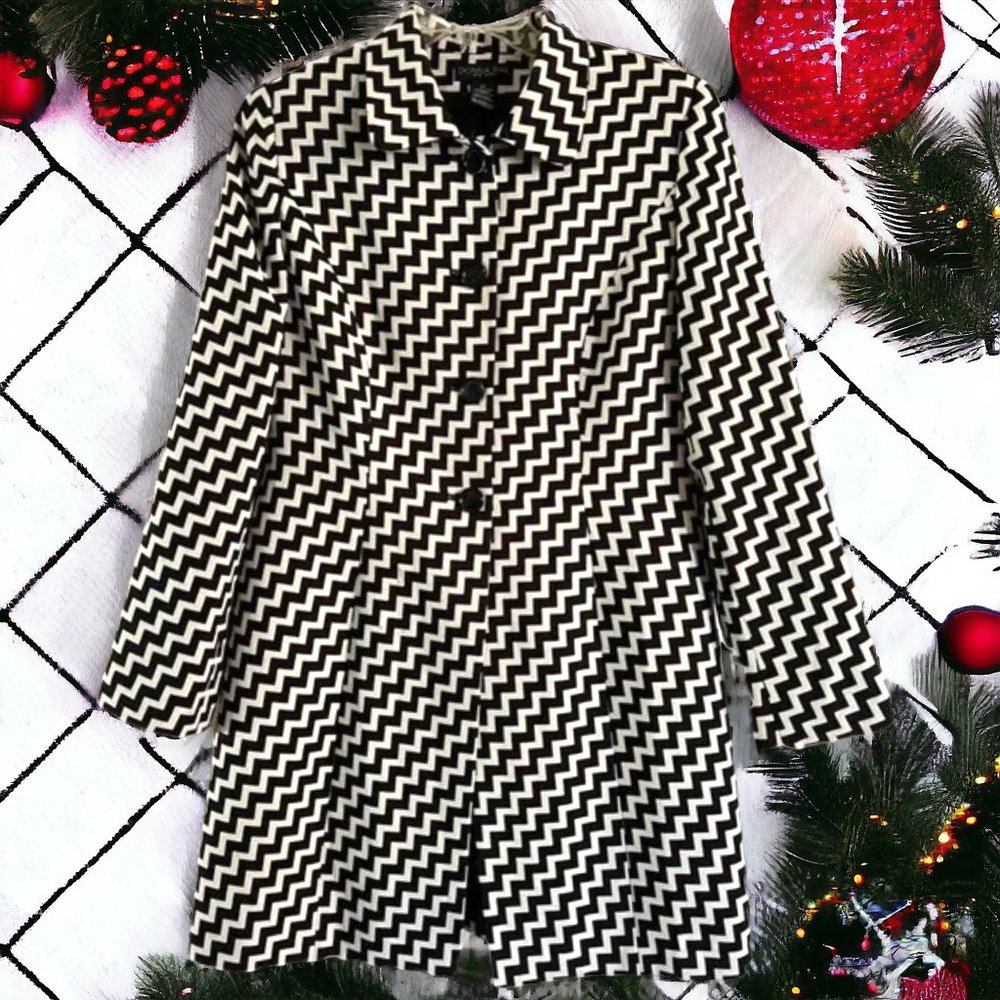 Donna Rae NY Dress Coat Black & Cream Chevron Pattern Women's Size 12 (#S109)